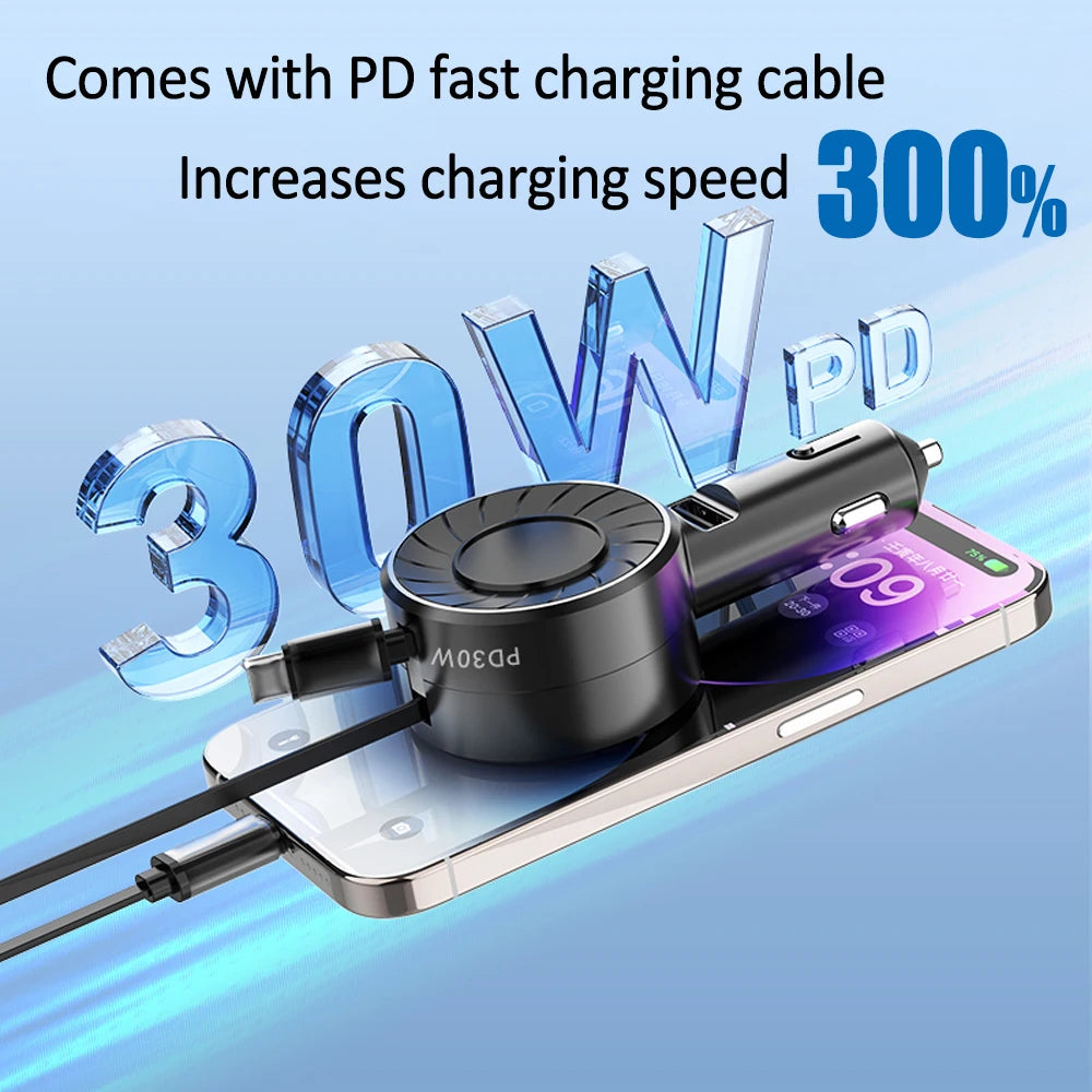 100W Retractable Car Charger, 3 in 1 Fast Car Charger, Max 50W 2 Retractable Cables and 1 USB Ports Small Car Charger Adapter