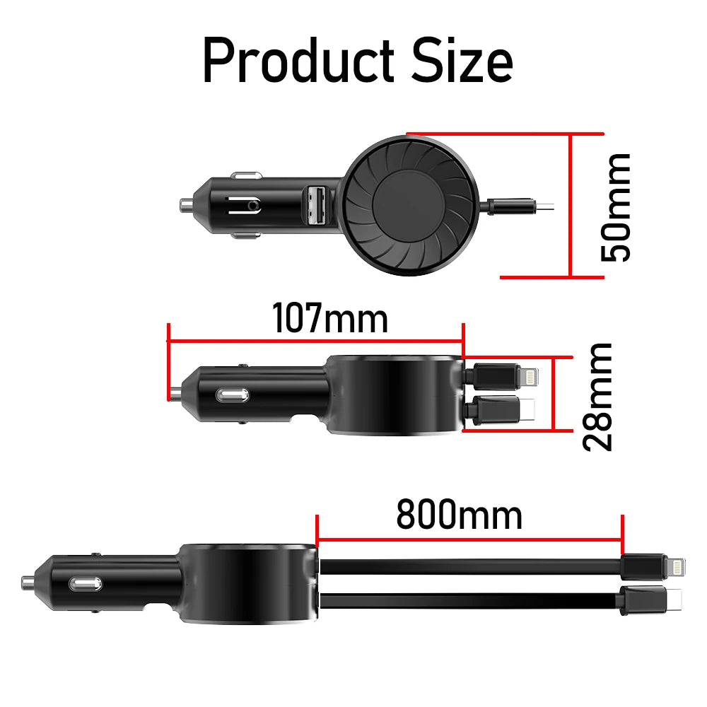 100W Retractable Car Charger, 3 in 1 Fast Car Charger, Max 50W 2 Retractable Cables and 1 USB Ports Small Car Charger Adapter