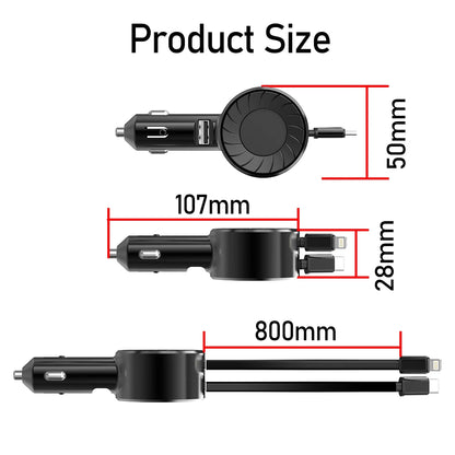 100W Retractable Car Charger, 3 in 1 Fast Car Charger, Max 50W 2 Retractable Cables and 1 USB Ports Small Car Charger Adapter