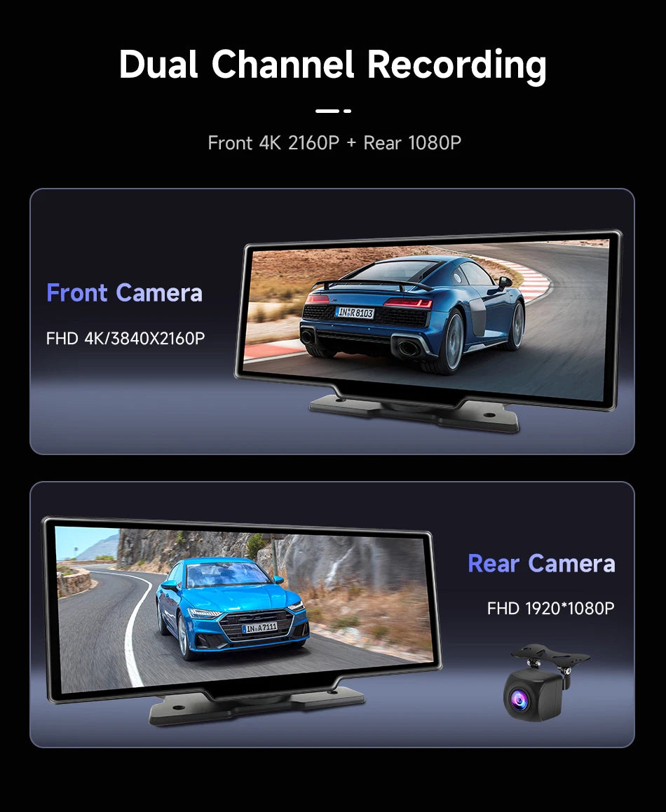 10.26" Dash Cam Rearview Camera Carplay & Android Auto 4K DVR Video Recorder GPS Navigation Dashboard Dual Lens 24H Park FM AUX