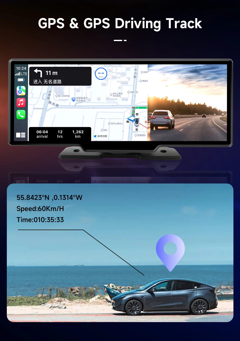 10.26" Dash Cam Rearview Camera Carplay & Android Auto 4K DVR Video Recorder GPS Navigation Dashboard Dual Lens 24H Park FM AUX