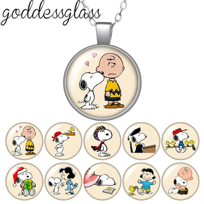 Peanuts Snoopy Charlie Woodstock Cute Round Photo Glass cabochon silver plated pendant necklace jewelry Gift