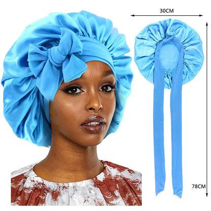 New Satin Sleeping Cap For Women Solid Wide Band Stretch Head Tie Silky Bonnet Edge Wrap Nightcap Hair Care Shower Head Cover