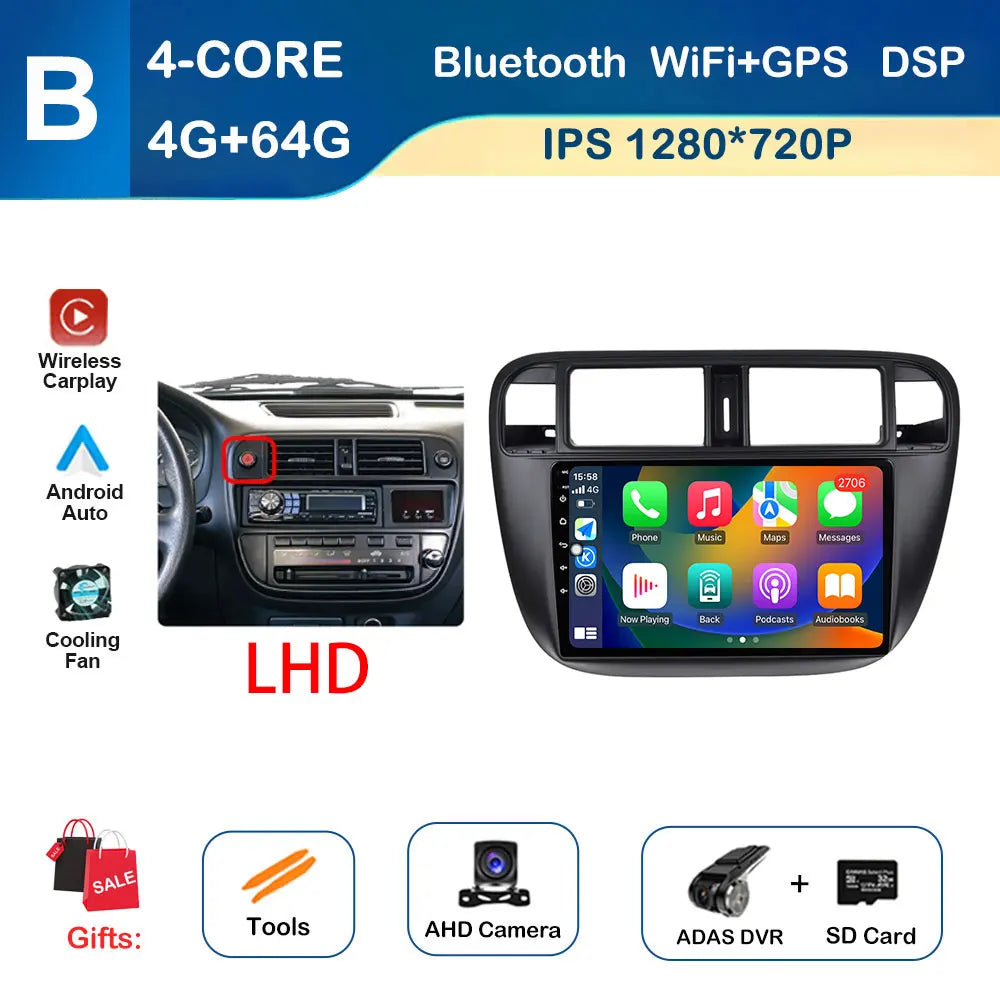 Android Auto Car Radio Multimedia Player Left Hand Drive for Honda Civic (EJ/EK/EM) 1995 - 2001 GPS Navigation Wireless Carplay