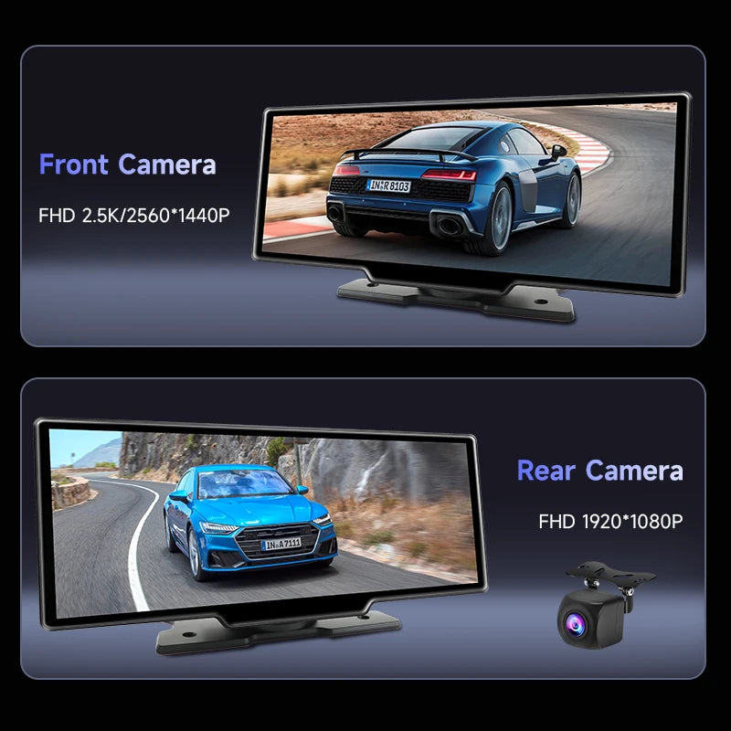 10.26" Dash Cam Rearview Camera Carplay & Android Auto 4K DVR Video Recorder GPS Navigation Dashboard Dual Lens 24H Park FM AUX