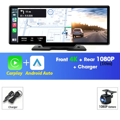 10.26" Dash Cam Rearview Camera Carplay & Android Auto 4K DVR Video Recorder GPS Navigation Dashboard Dual Lens 24H Park FM AUX