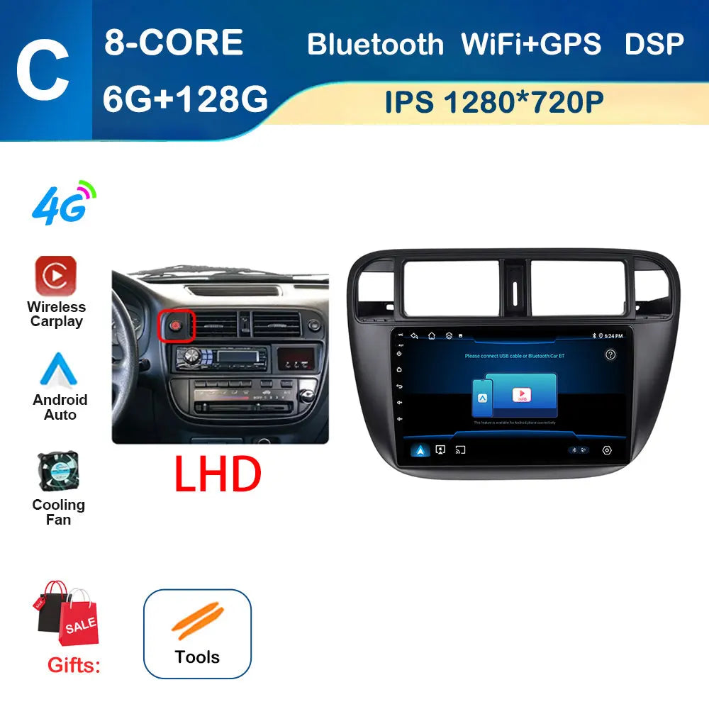 Android Auto Car Radio Multimedia Player Left Hand Drive for Honda Civic (EJ/EK/EM) 1995 - 2001 GPS Navigation Wireless Carplay