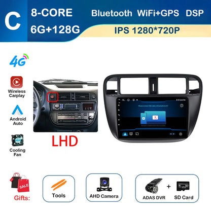 Android Auto Car Radio Multimedia Player Left Hand Drive for Honda Civic (EJ/EK/EM) 1995 - 2001 GPS Navigation Wireless Carplay