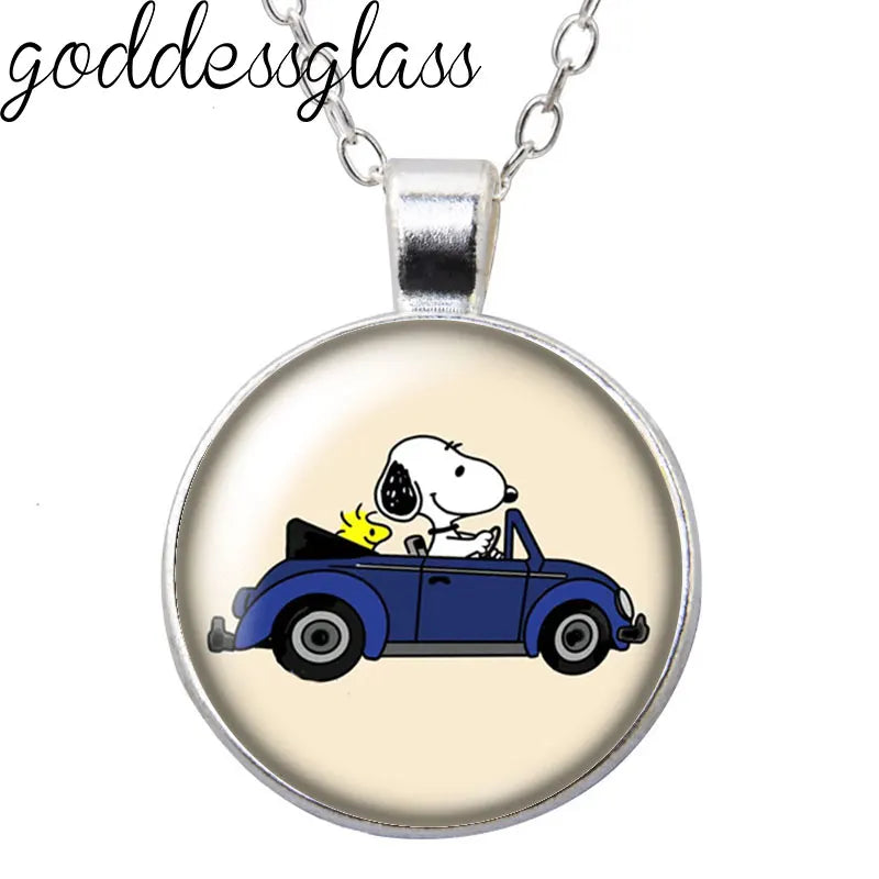 Peanuts Snoopy Charlie Woodstock Cute Round Photo Glass cabochon silver plated pendant necklace jewelry Gift
