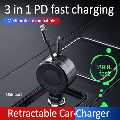 100W Retractable Car Charger, 3 in 1 Fast Car Charger, Max 50W 2 Retractable Cables and 1 USB Ports Small Car Charger Adapter