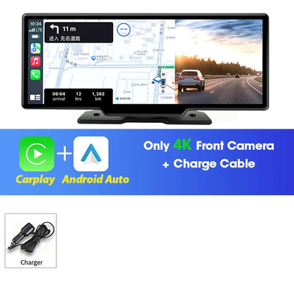 10.26" Dash Cam Rearview Camera Carplay & Android Auto 4K DVR Video Recorder GPS Navigation Dashboard Dual Lens 24H Park FM AUX