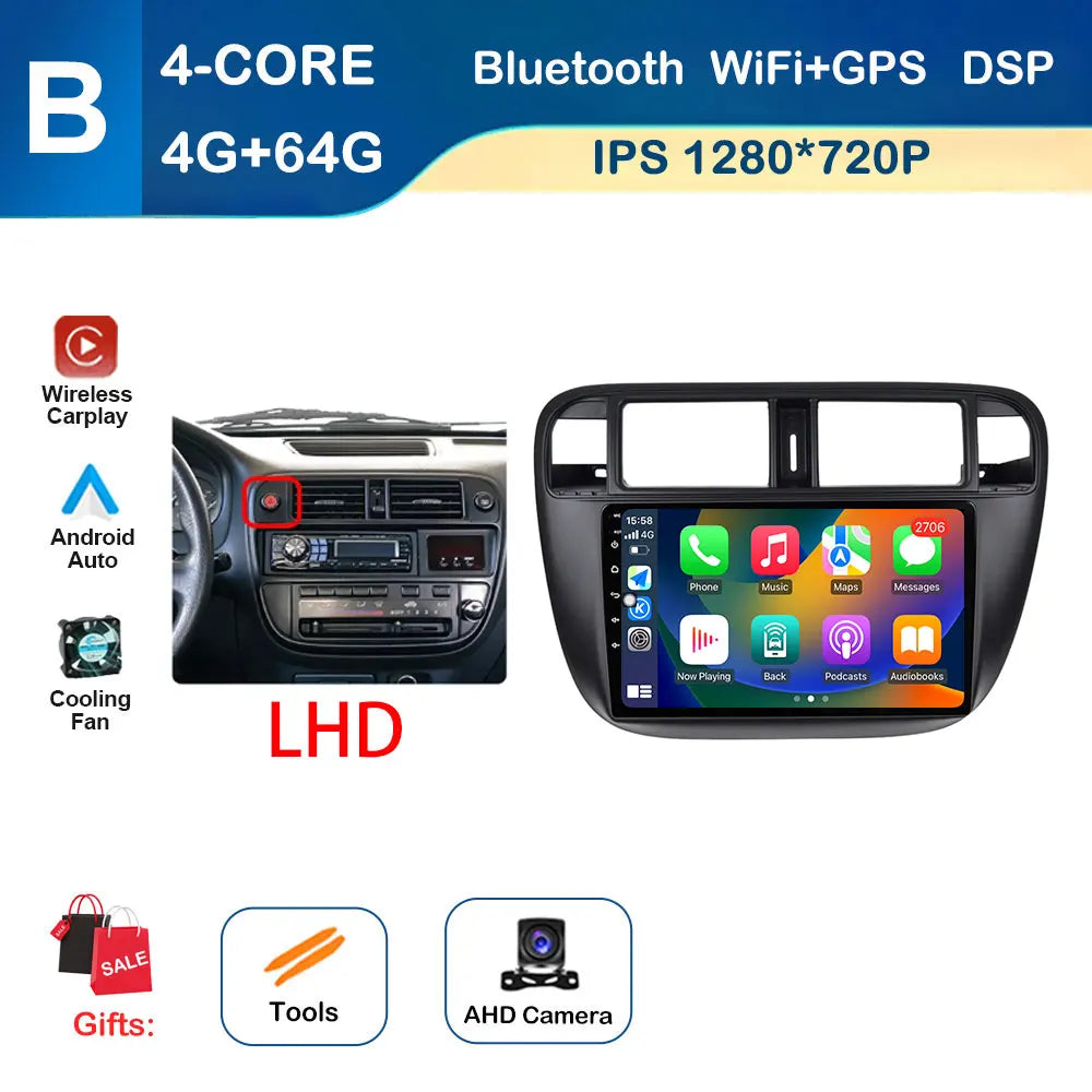 Android Auto Car Radio Multimedia Player Left Hand Drive for Honda Civic (EJ/EK/EM) 1995 - 2001 GPS Navigation Wireless Carplay