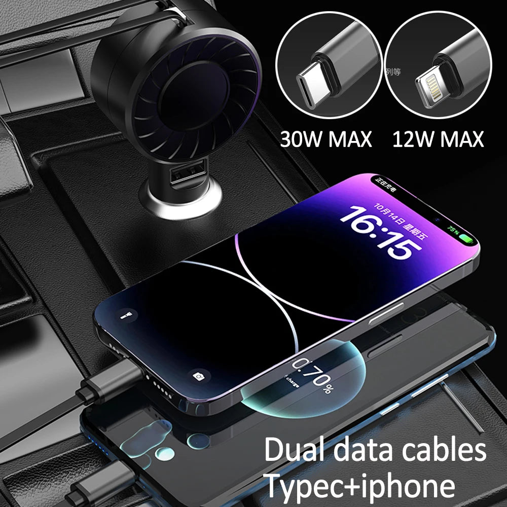 100W Retractable Car Charger, 3 in 1 Fast Car Charger, Max 50W 2 Retractable Cables and 1 USB Ports Small Car Charger Adapter