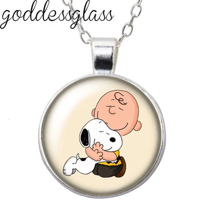 Peanuts Snoopy Charlie Woodstock Cute Round Photo Glass cabochon silver plated pendant necklace jewelry Gift