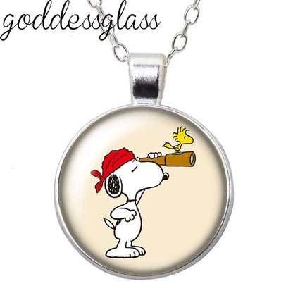 Peanuts Snoopy Charlie Woodstock Cute Round Photo Glass cabochon silver plated pendant necklace jewelry Gift