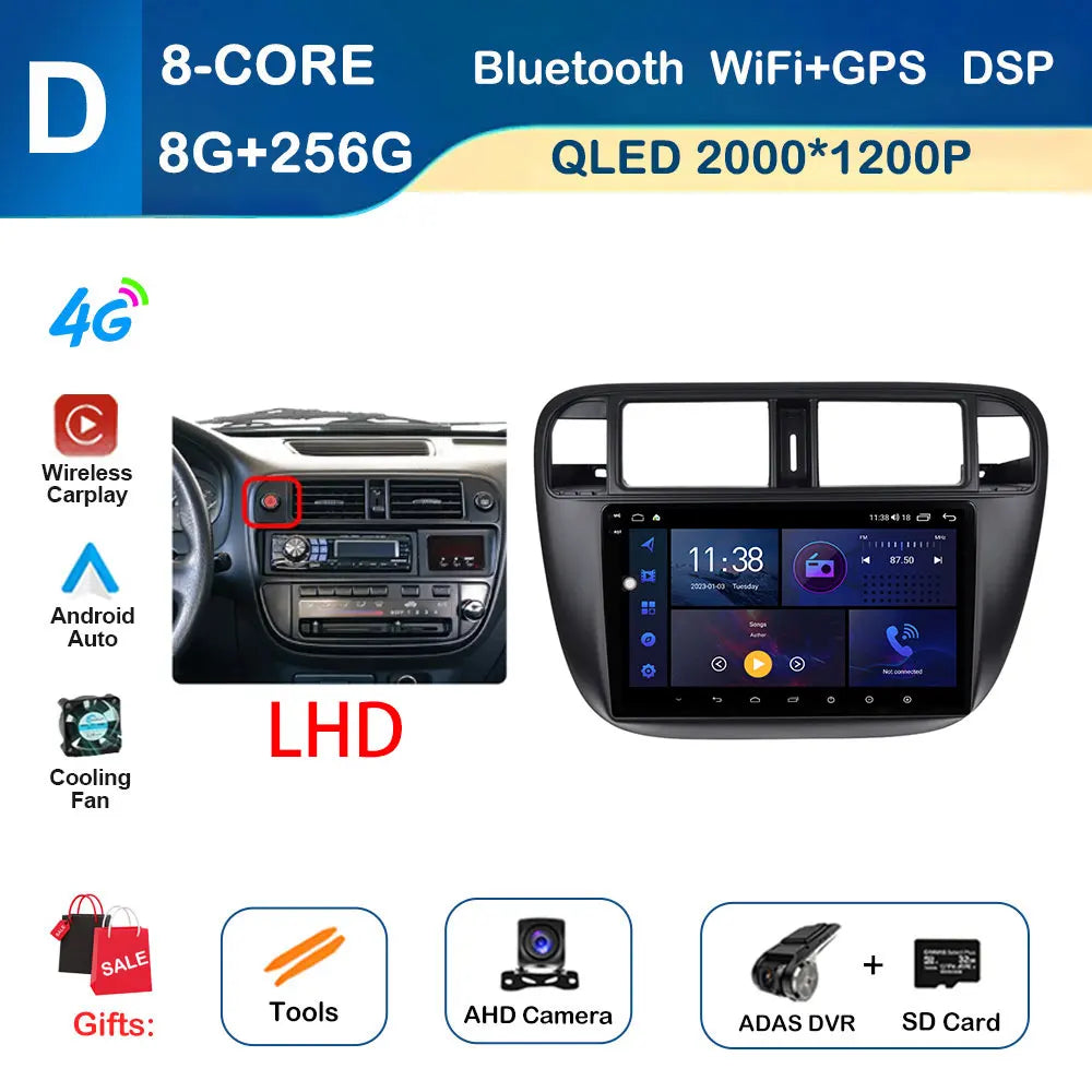 Android Auto Car Radio Multimedia Player Left Hand Drive for Honda Civic (EJ/EK/EM) 1995 - 2001 GPS Navigation Wireless Carplay