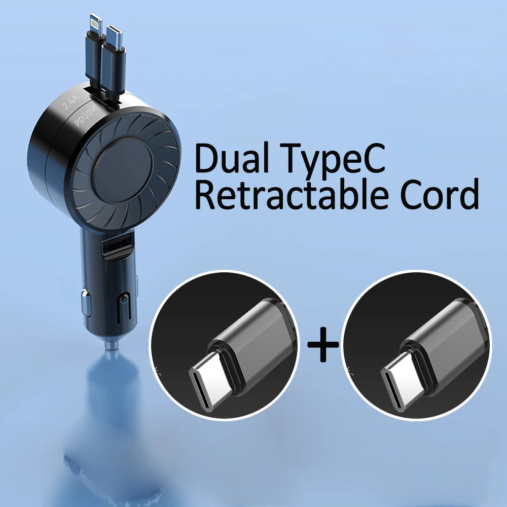 100W Retractable Car Charger, 3 in 1 Fast Car Charger, Max 50W 2 Retractable Cables and 1 USB Ports Small Car Charger Adapter