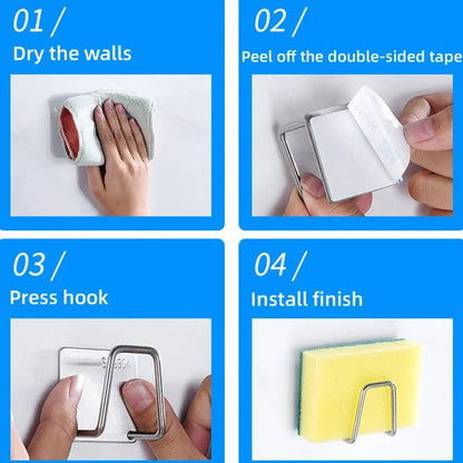 Kitchen Sponges Holder Stainless Steel Sink Sponges Drain Drying Rack Self Adhesive Storage Holder Wall Hooks Kitchen Organizers