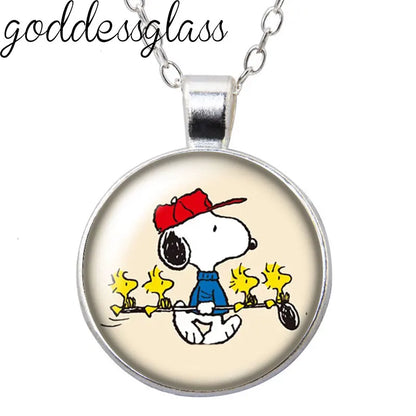 Peanuts Snoopy Charlie Woodstock Cute Round Photo Glass cabochon silver plated pendant necklace jewelry Gift