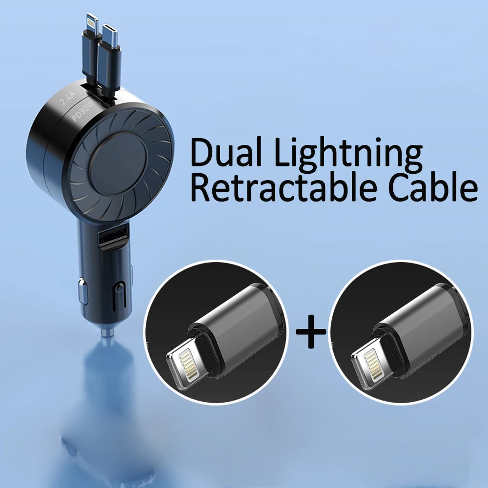 100W Retractable Car Charger, 3 in 1 Fast Car Charger, Max 50W 2 Retractable Cables and 1 USB Ports Small Car Charger Adapter
