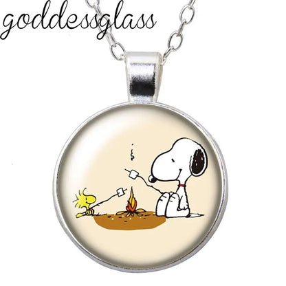 Peanuts Snoopy Charlie Woodstock Cute Round Photo Glass cabochon silver plated pendant necklace jewelry Gift