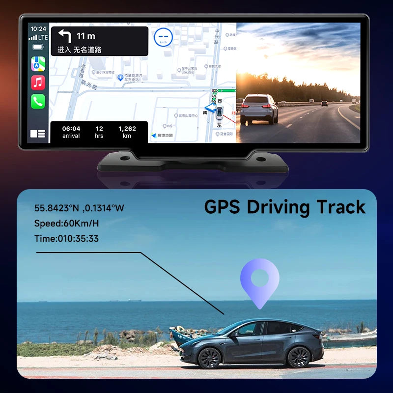 10.26" Dash Cam Rearview Camera Carplay & Android Auto 4K DVR Video Recorder GPS Navigation Dashboard Dual Lens 24H Park FM AUX
