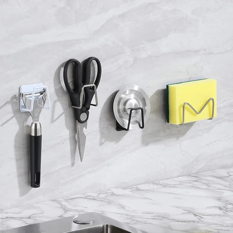 Kitchen Sponges Holder Stainless Steel Sink Sponges Drain Drying Rack Self Adhesive Storage Holder Wall Hooks Kitchen Organizers