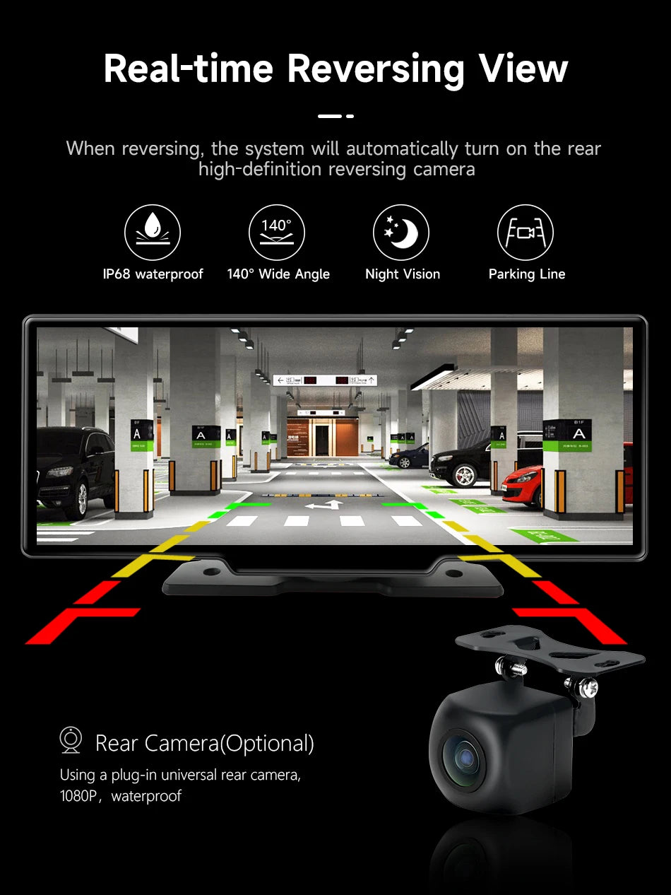 10.26" Dash Cam Rearview Camera Carplay & Android Auto 4K DVR Video Recorder GPS Navigation Dashboard Dual Lens 24H Park FM AUX