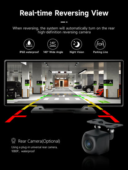 10.26" Dash Cam Rearview Camera Carplay & Android Auto 4K DVR Video Recorder GPS Navigation Dashboard Dual Lens 24H Park FM AUX