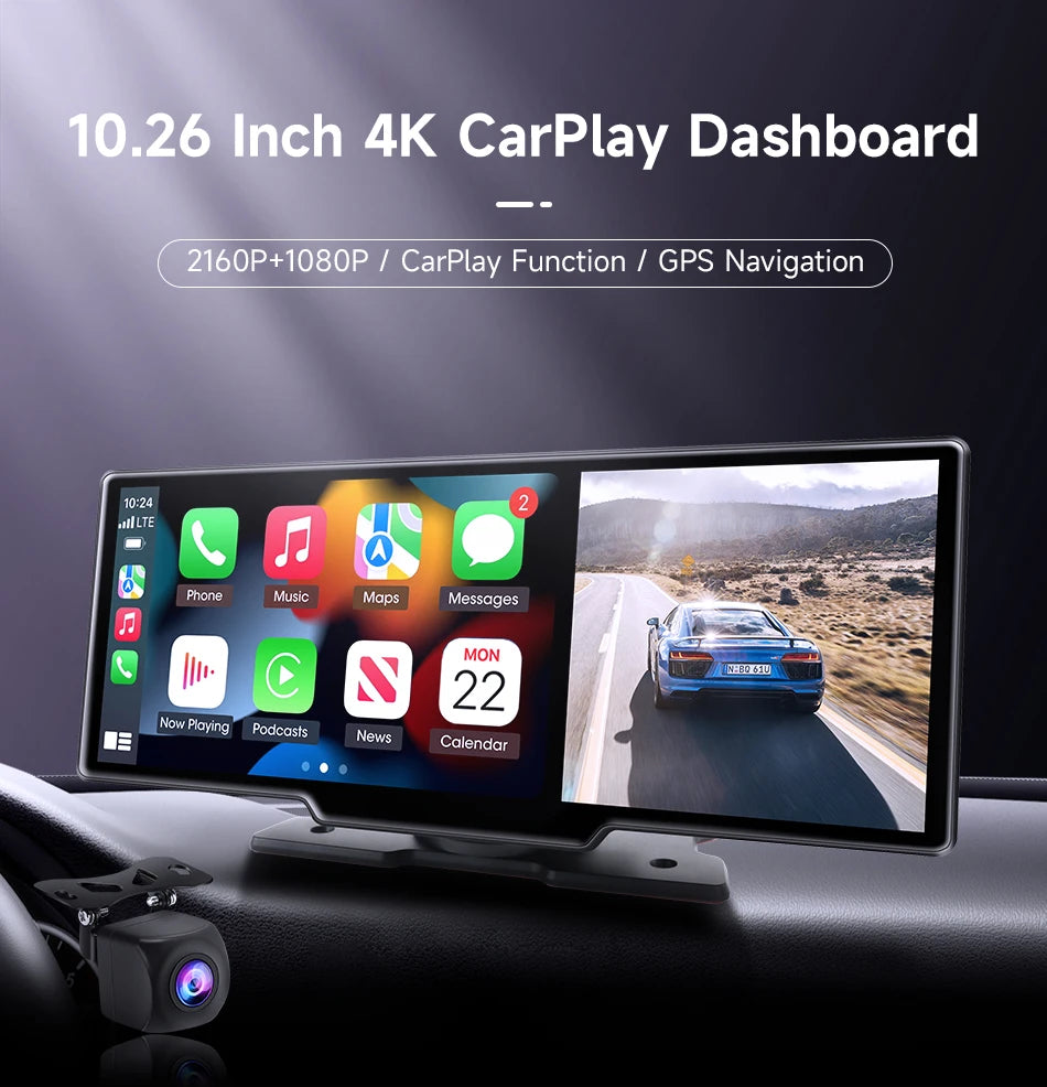 10.26" Dash Cam Rearview Camera Carplay & Android Auto 4K DVR Video Recorder GPS Navigation Dashboard Dual Lens 24H Park FM AUX